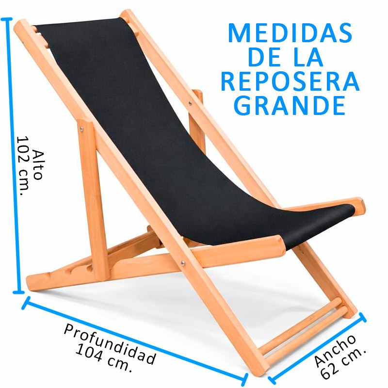 Reposera de madera grande con lona negra, medidas: alto 102 cm, profundidad 104 cm, ancho 62 cm
